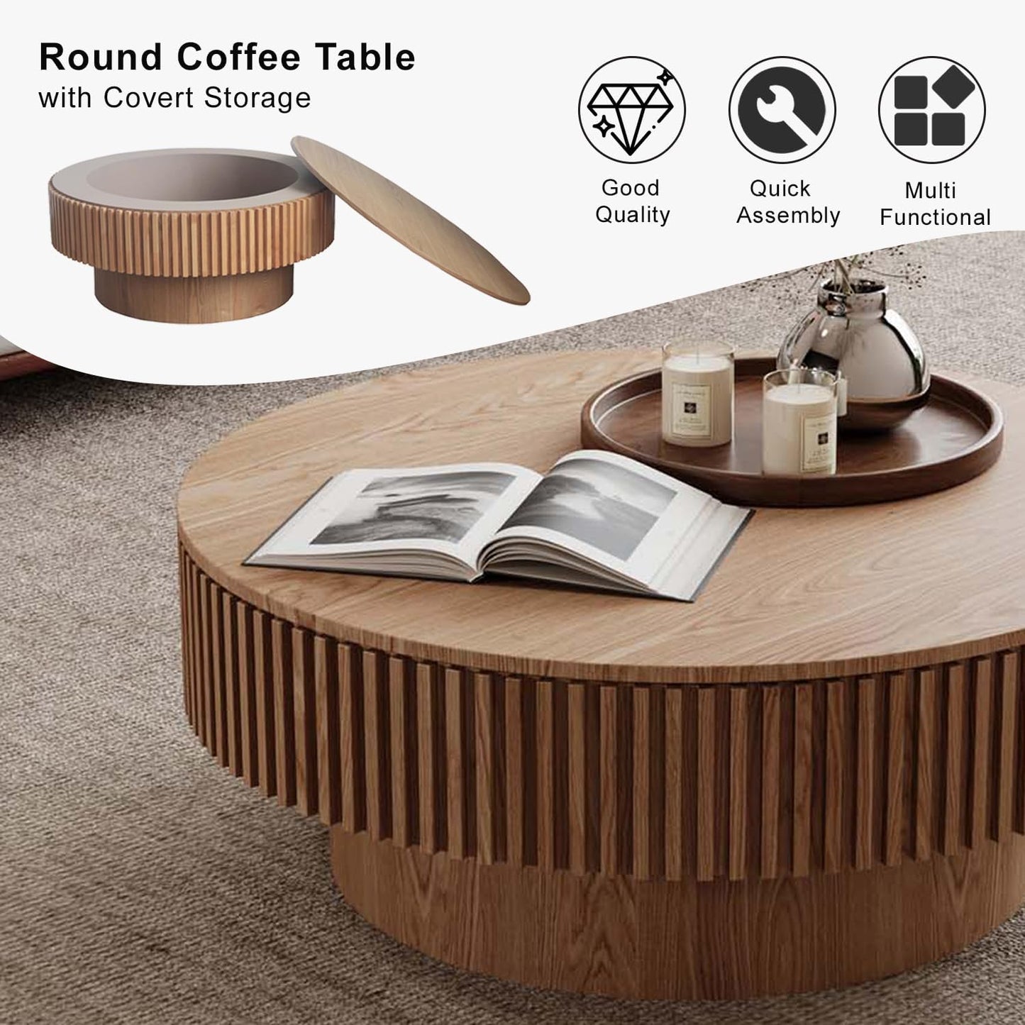 Round Coffee Table with Storage, Modern Wooden Coffee Table with Solid Wood Veneered, Circle Center Table Accent Tea Table for Living Room Apartment Small Space (31.5''L × 31.5''W × 14''H, Natural)
