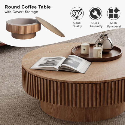 Round Coffee Table with Storage, Modern Wooden Coffee Table with Solid Wood Veneered, Circle Center Table Accent Tea Table for Living Room Apartment Small Space (31.5''L × 31.5''W × 14''H, Natural)