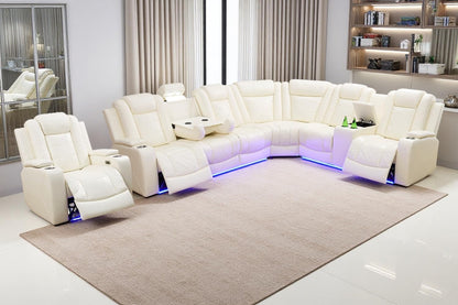 Power Recliner Sectional Sofa Set,Living Room Furniture Sets,Black Leather Sectional Reclining Couch Power Reclining Sofa with LED Light/Storage Console for Living Room