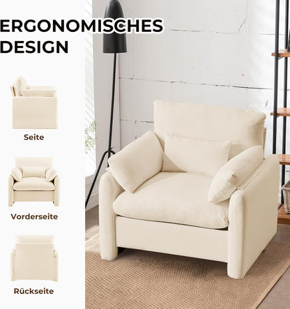 Extra Large Wing Chair, Living Room, 93.5 cm Upholstered Chair, TV Chair, Single Sofa with Removable Armrest & Throw Cushion, Single Sofa Reading Chair for Living Room, Bedroom, Beige