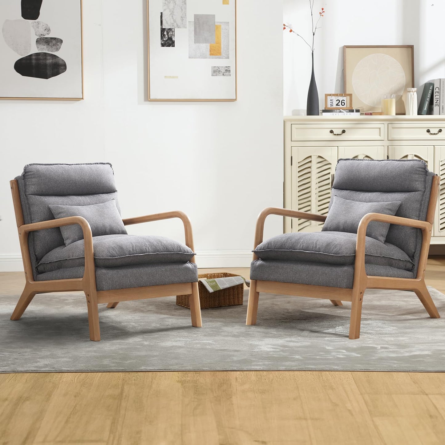 INZOY Mid Century Modern Accent Chair with Wood Frame, Upholstered Living Room Chairs with Waist Cushion, Reading Armchair for Bedroom Sunroom (Beige)