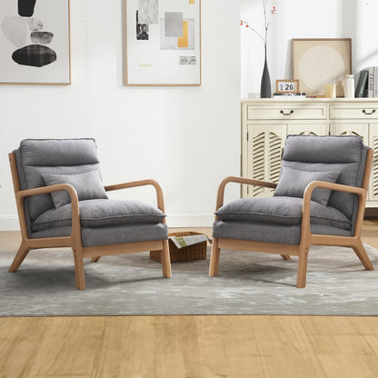 INZOY Mid Century Modern Accent Chair with Wood Frame, Upholstered Living Room Chairs with Waist Cushion, Reading Armchair for Bedroom Sunroom (Beige)