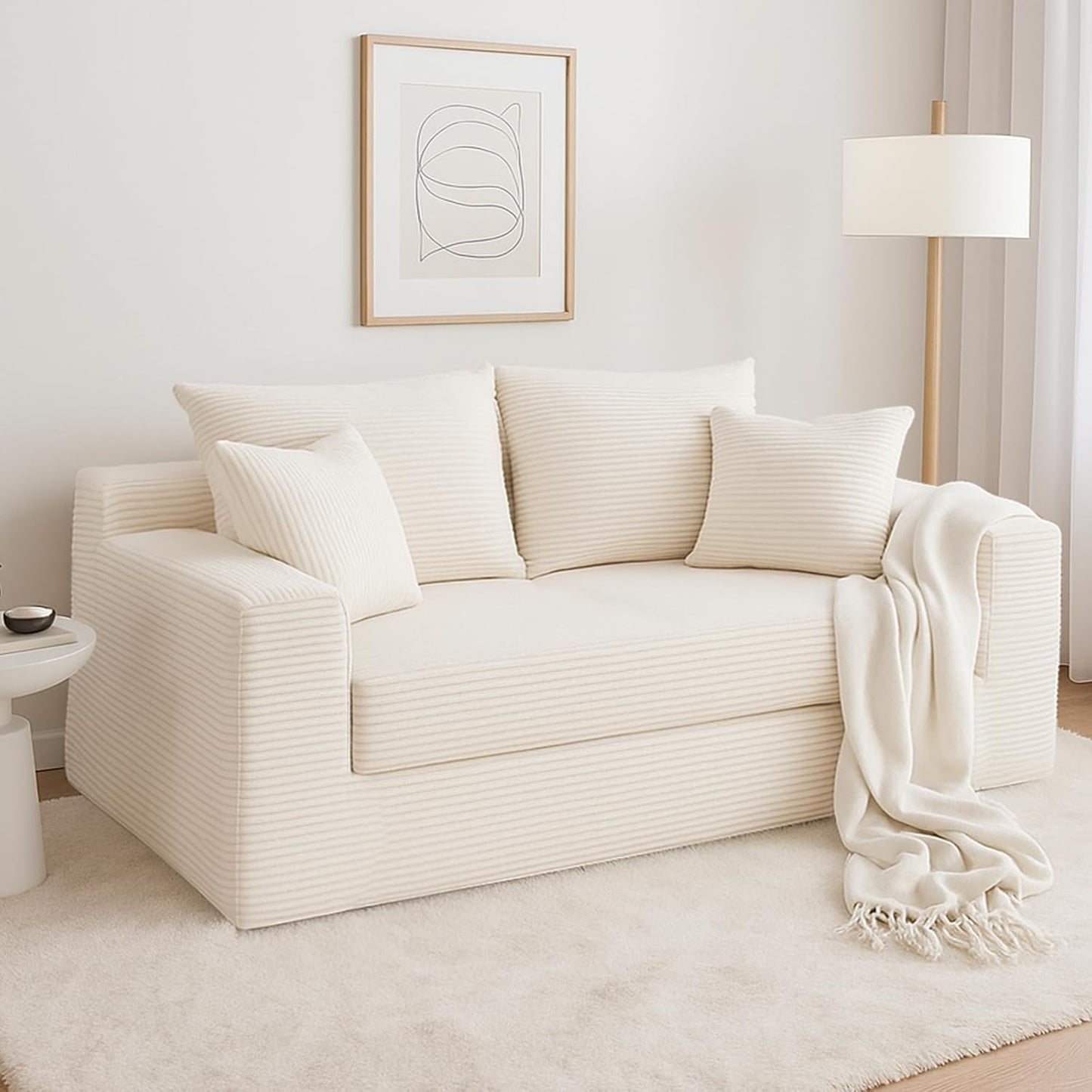 Convertible Sofa Bed, 3 in 1 Loveseat Folding Couch Bed Foldable - Chaise Lounge Chair & Floor Futon Sleeper, Corduroy Pull Out Sofa Bed with 4 Pillows for Living Room, Beige