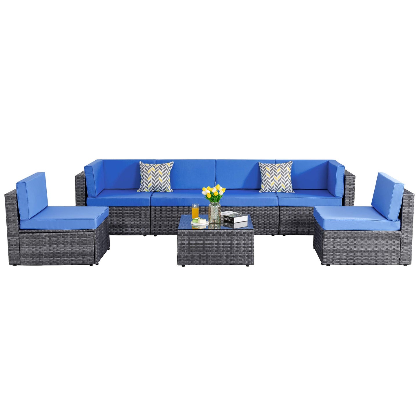 Shintenchi 5 Pieces Outdoor Patio Furniture Sets, Patio Sectional Sofa Couch, Gray PE Wicker Furniture Modular Patio Conversation Sets Patio Sofa with Washable Cushions & Table（Aegean Blue）