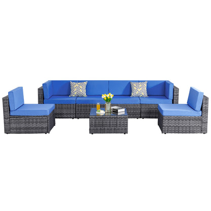 Shintenchi 5 Pieces Outdoor Patio Furniture Sets, Patio Sectional Sofa Couch, Gray PE Wicker Furniture Modular Patio Conversation Sets Patio Sofa with Washable Cushions & Table（Aegean Blue）