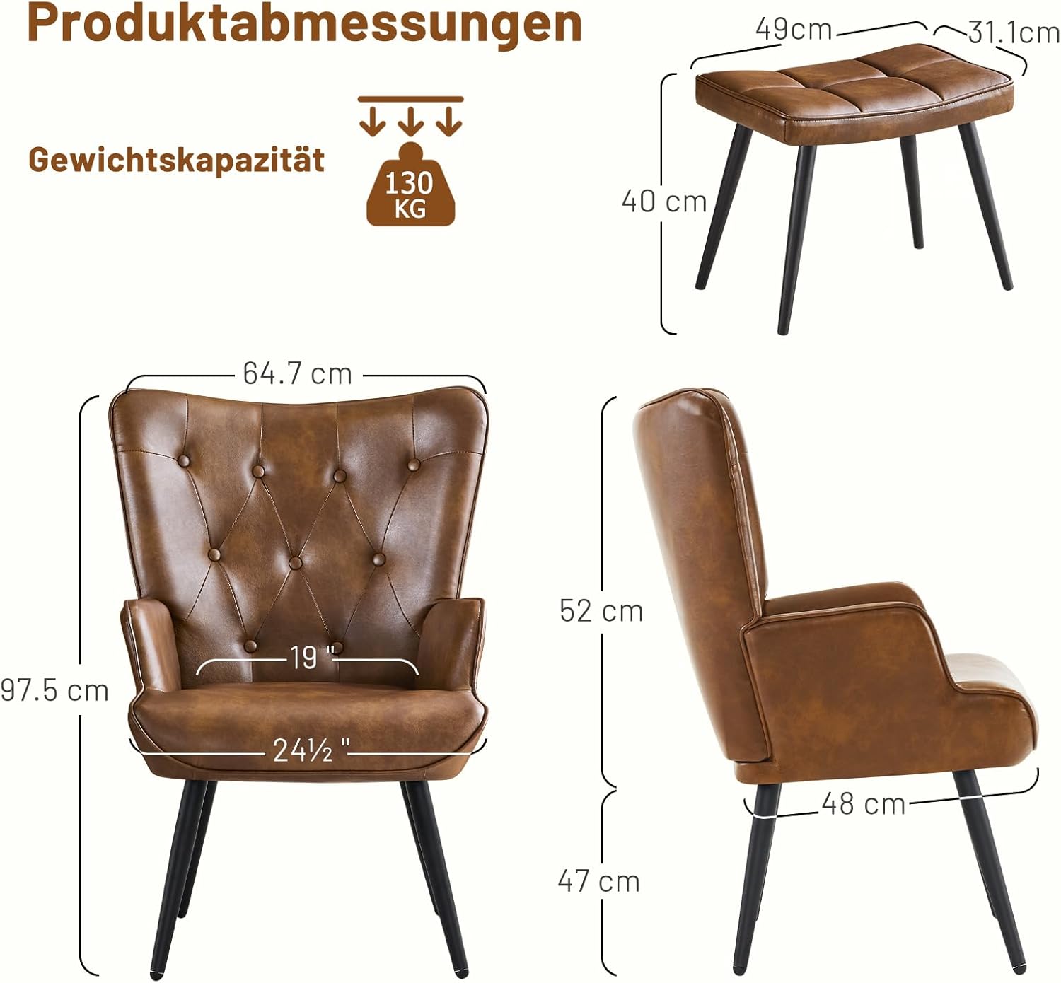 Armchair with Stool, Wing Chair with Stool Made of PU Leather, Armchair, Living Room Recliner Chair with Footrest, Lounge Chair, Upholstered Chair for Living Room, Bedroom, Study, Brown