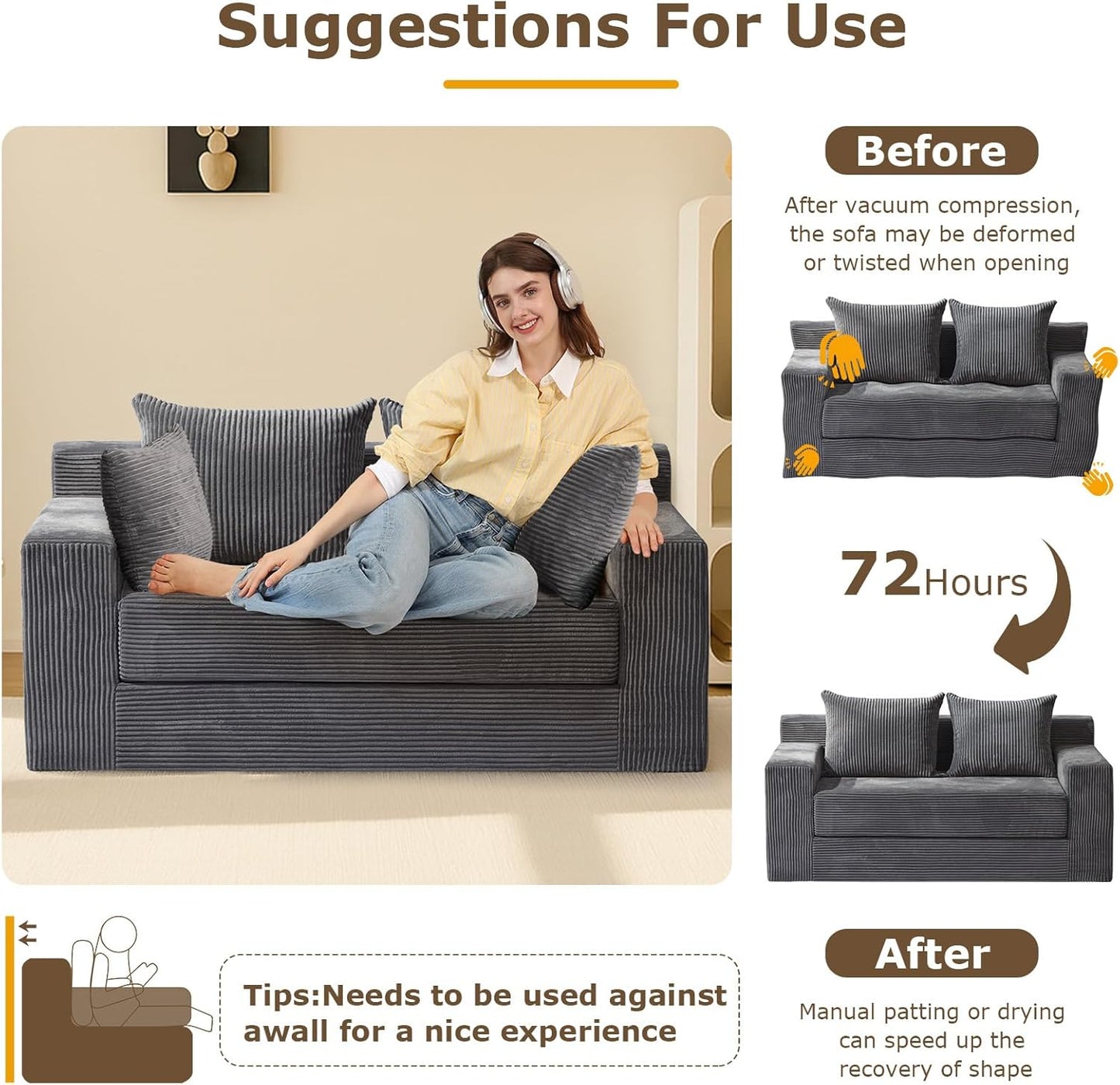 Convertible Sofa Bed, 3 in 1 Loveseat Folding Couch Bed Foldable - Chaise Lounge Chair & Floor Futon Sleeper, Corduroy Pull Out Sofa Bed with 4 Pillows for Living Room, Beige