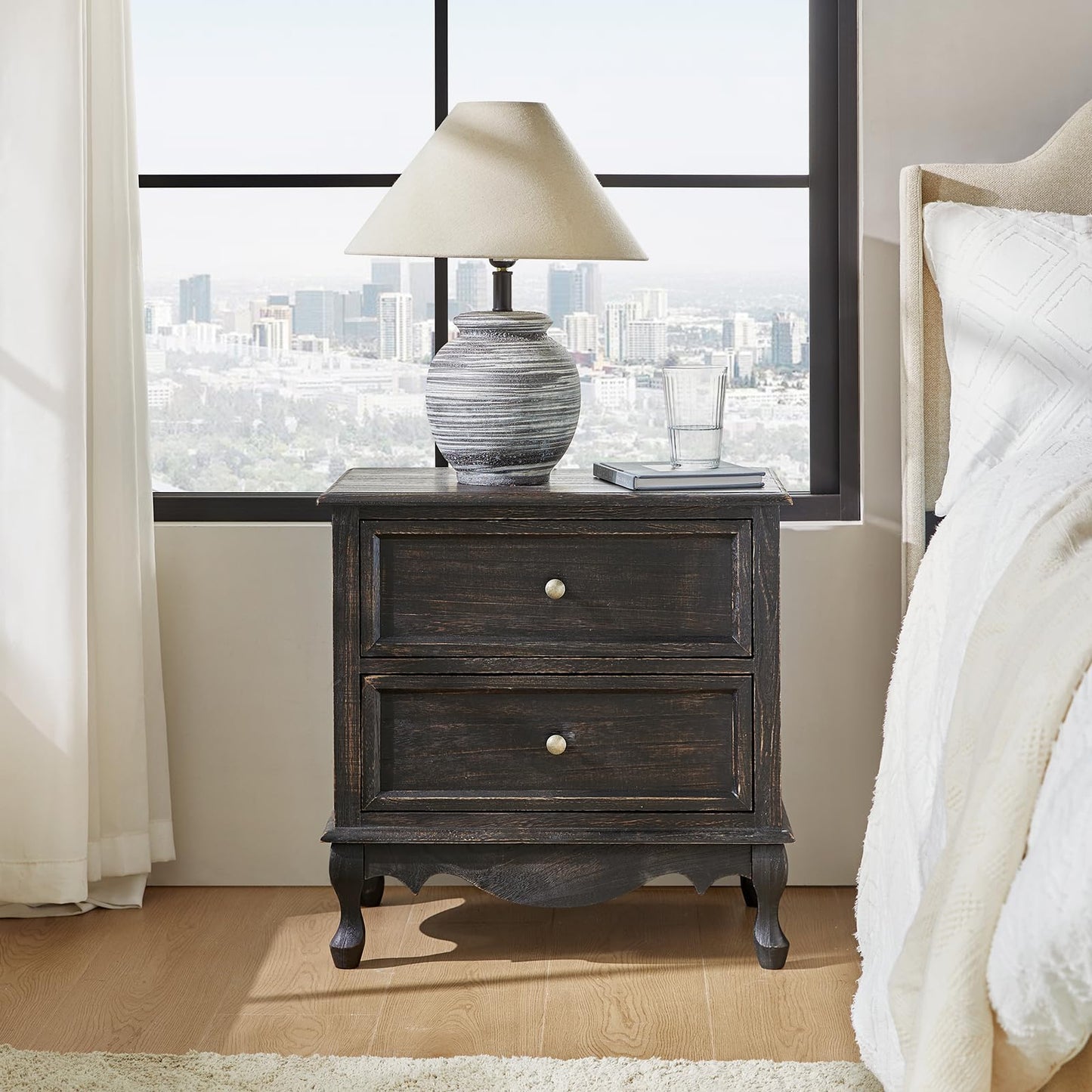 HULALA HOME Solid Wood Nightstand with Charging Station, Vintage Night Stand with Wood Legs and 2 Drawers, French Bedside Table for Bedroom Living Room，Walnut