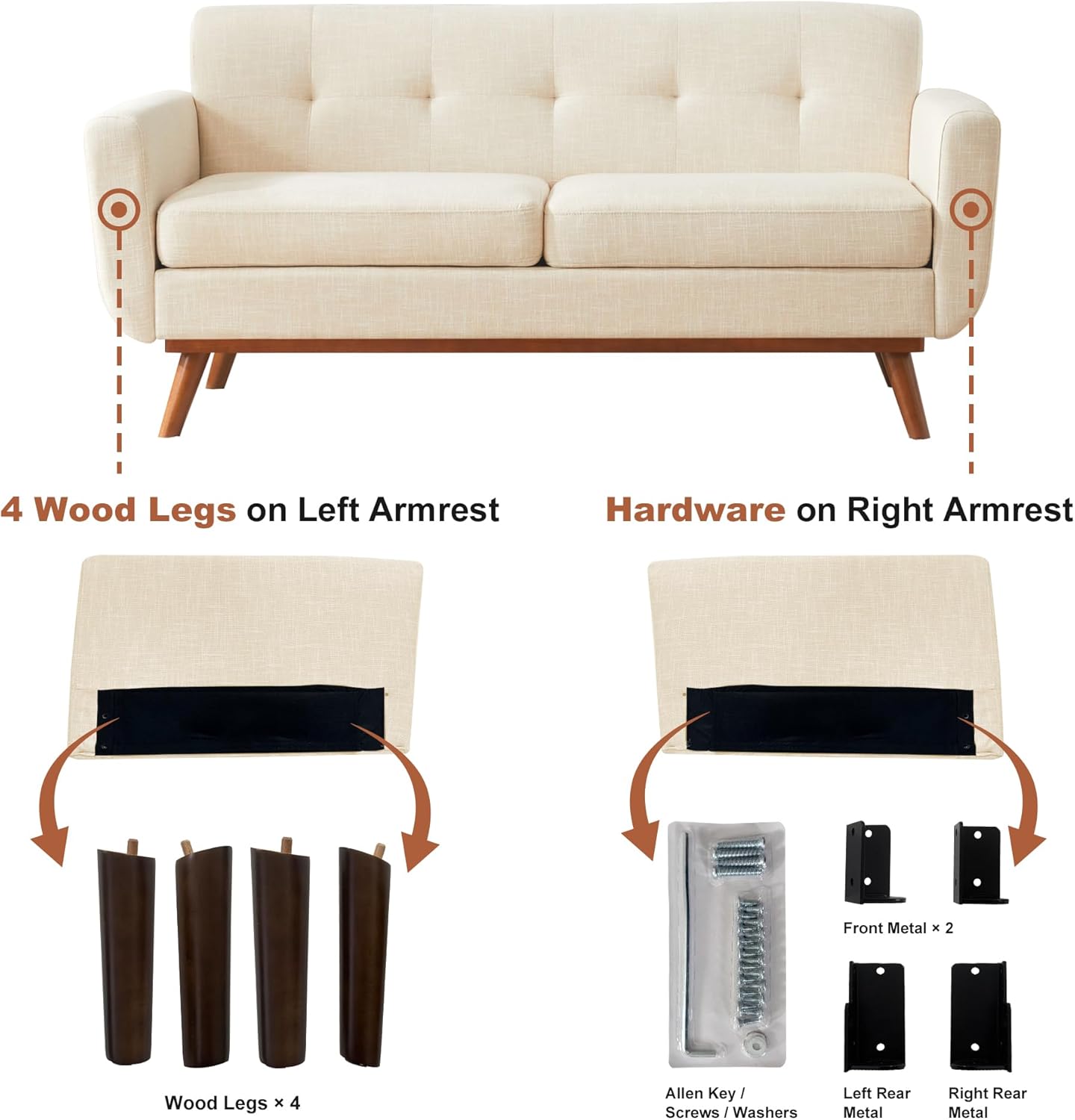 Kingfun 65.2" W Loveseat Sofa, Mid Century Modern Decor Love Seat Couches for Living Room, Button Tufted Upholstered Furniture, Solid & Easy to Install Small Couch for Bedroom Office Apartment, Beige