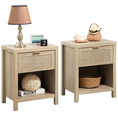 SICOTAS Rattan Nightstands Set of 2 - Farmhouse Night Stand with Drawer and Storage Shelf - Boho Bedside Table End Side Table for Bedroom, Oak