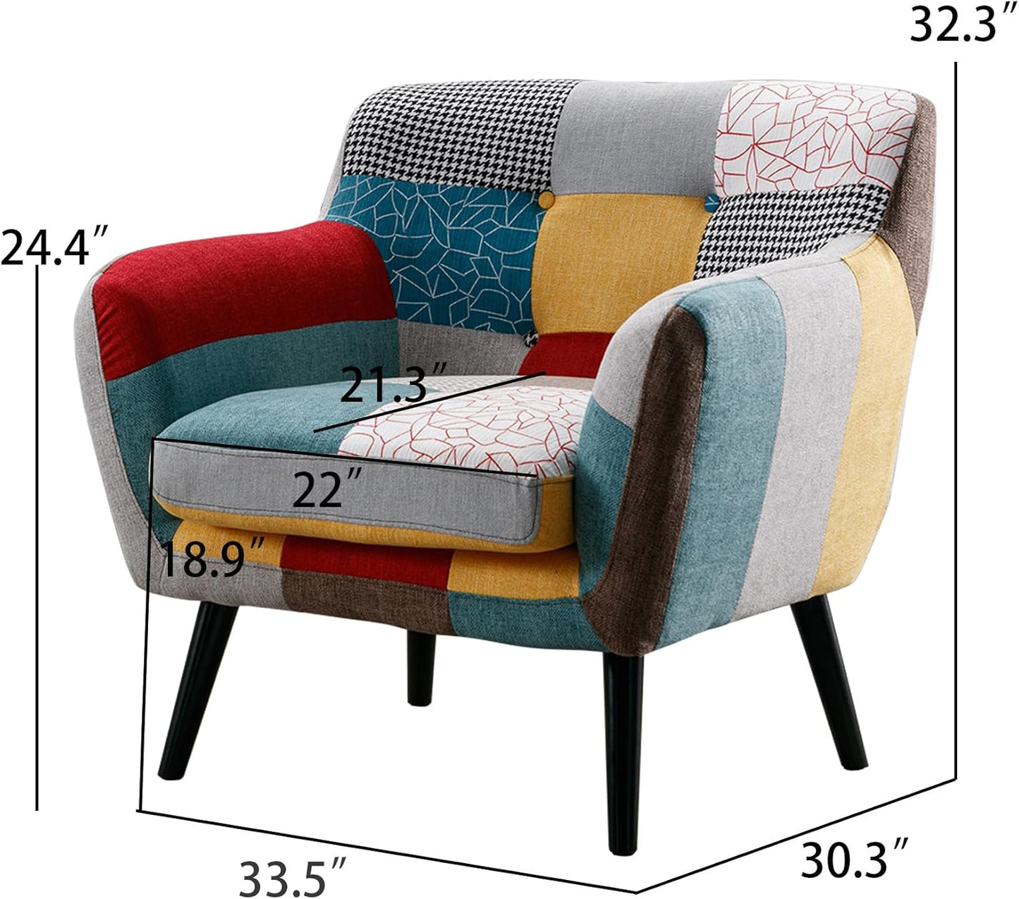 Bonzy Home Modern Oversized Accent Chair for Living Room, Colorful Boho Linen Fabric Upholstered Armchair with Wood Legs, Single