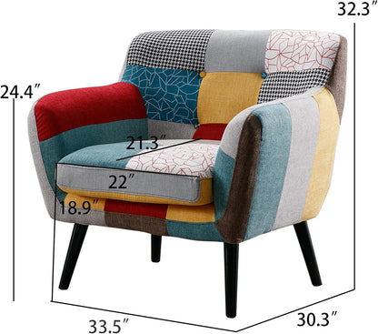 Bonzy Home Modern Oversized Accent Chair for Living Room, Colorful Boho Linen Fabric Upholstered Armchair with Wood Legs, Single