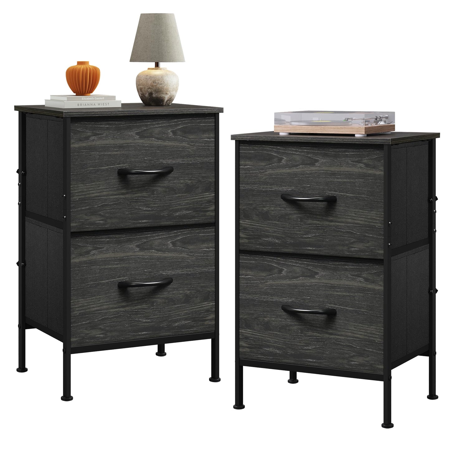 WLIVE Night Stand, Small 2 Drawer Dresser, Nightstand with Fabric Bins for Bedroom, Closet, Dorm, Rustic Brown Wood Grain Print, 11.8" D x 15.7" W x 20.9" H