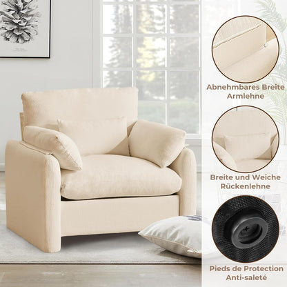 Extra Large Wing Chair, Living Room, 93.5 cm Upholstered Chair, TV Chair, Single Sofa with Removable Armrest & Throw Cushion, Single Sofa Reading Chair for Living Room, Bedroom, Beige