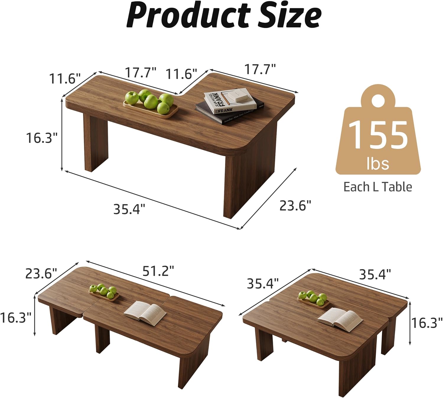 Mid Century Modern Coffee Table for Living Room, Wood Coffee Table with Free Adjustable Shape, Square Living Room Table Minimalist Tea Table, Brown Nesting Table Set of 2