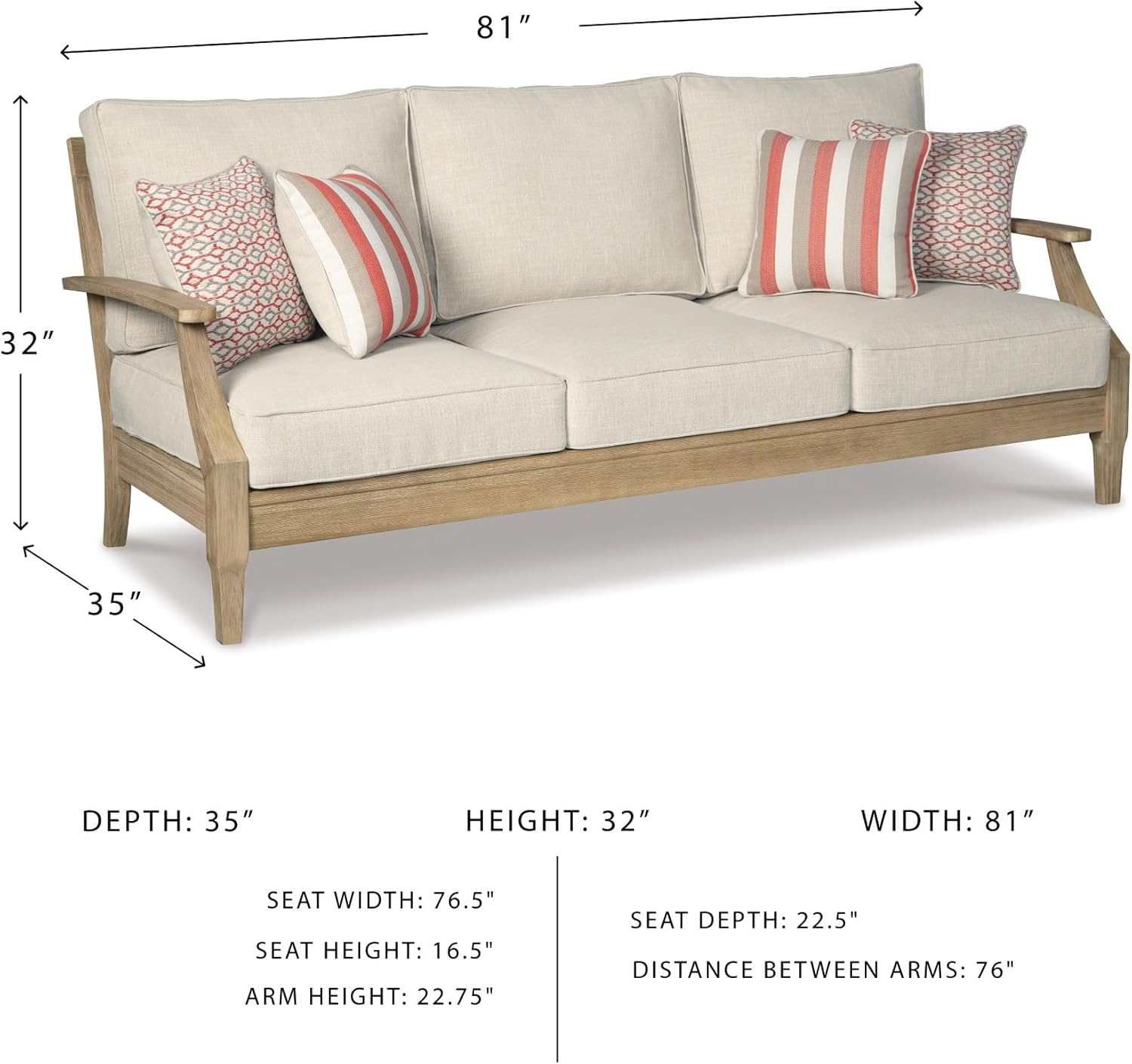 Signature Design by Ashley Clare View Outdoor Patio Sofa, 4 Throw Pillows, Nuvella Weather Resistant Fabric, Eucalyptus Wood, 81" W x 35" D x 32" H, Beige