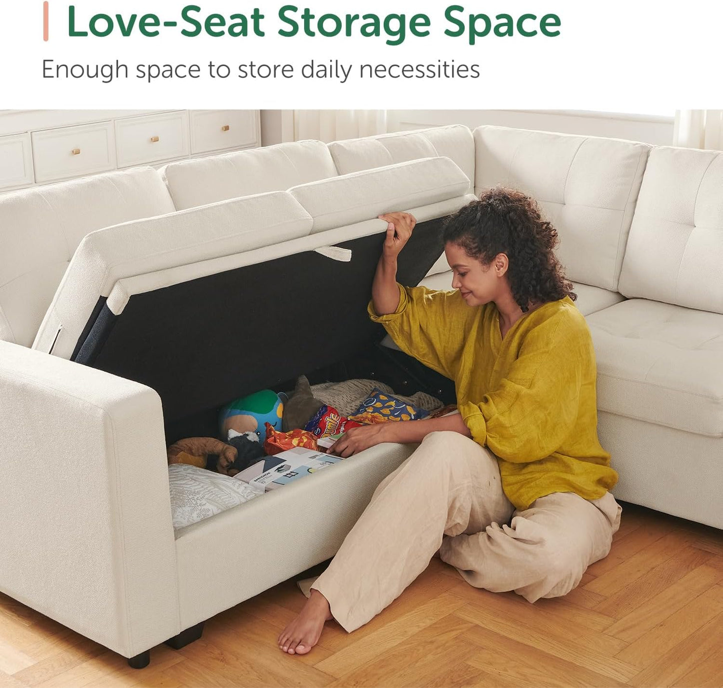 HONBAY Sectional Sleeper Sofa Pull Out Couch, U Shaped Sectional Couch with Storage Chaise, Sofa Bed for Living Room, Beige