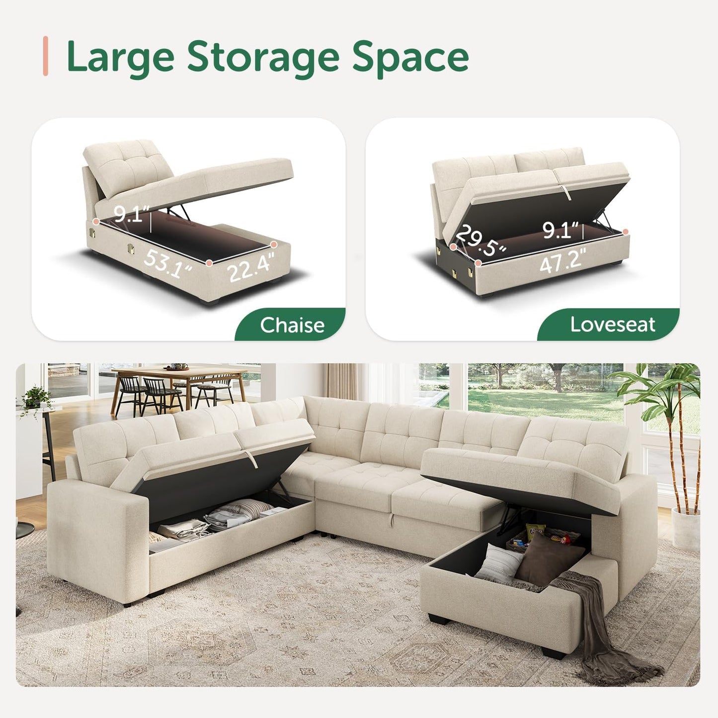HONBAY Sectional Sleeper Sofa Pull Out Couch, U Shaped Sectional Couch with Storage Chaise, Sofa Bed for Living Room, Beige