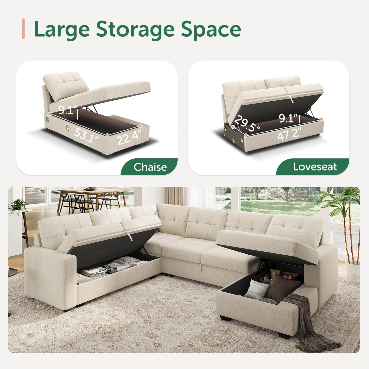 HONBAY Sectional Sleeper Sofa Pull Out Couch, U Shaped Sectional Couch with Storage Chaise, Sofa Bed for Living Room, Beige