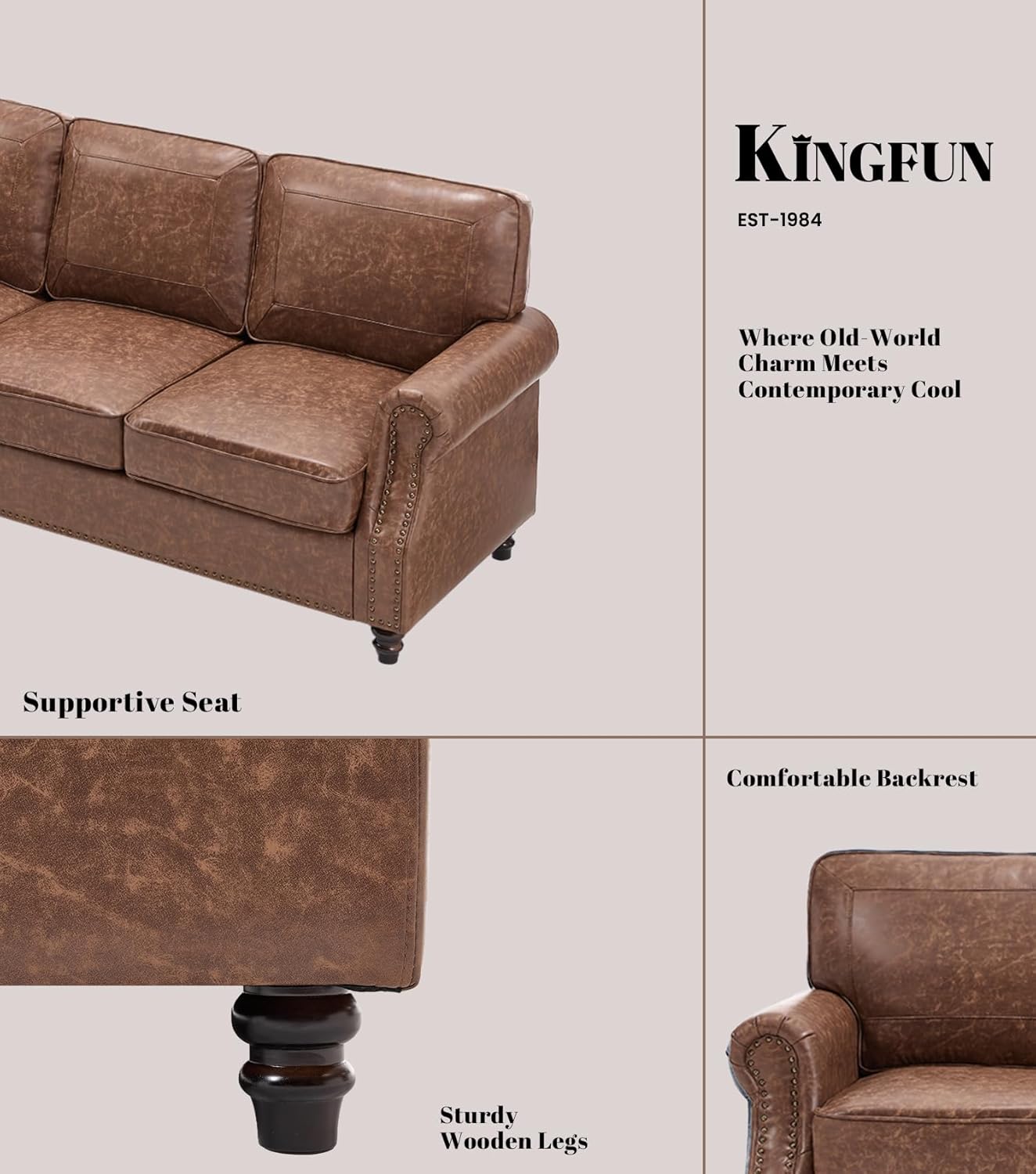 WILLOVE 79'' Faux Leather Sofas for Living Room, Mid Century Modern Couches with Rolled Arm & Nailhead Trim for Small Space, Apartment, Dark Brown