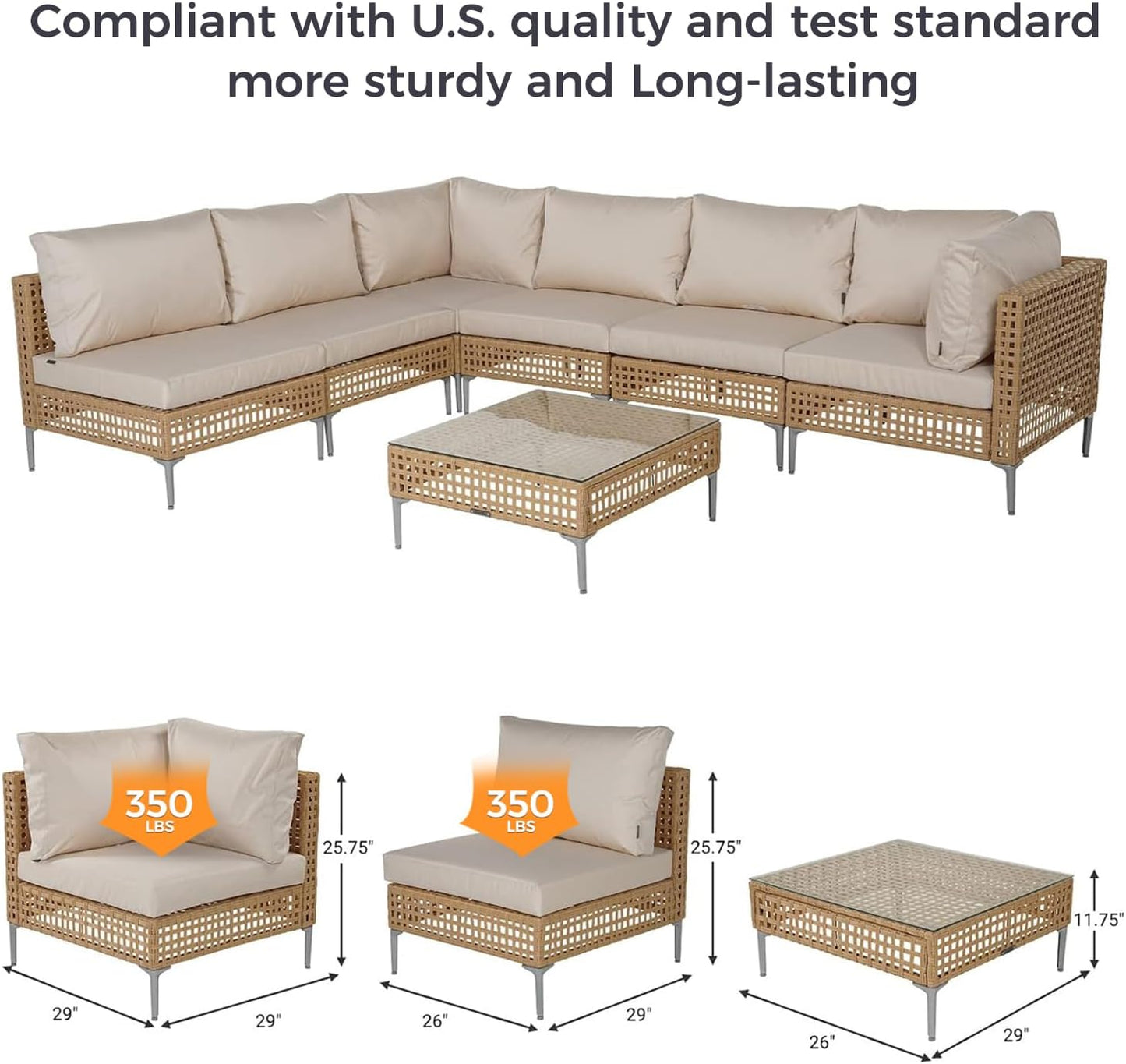 Grand patio 7-Piece Wicker Patio Furniture Set, Boho Outdoor Conversation Set Sectional Sofa with Water Resistant Thick Cushions and Coffee Table, Cream