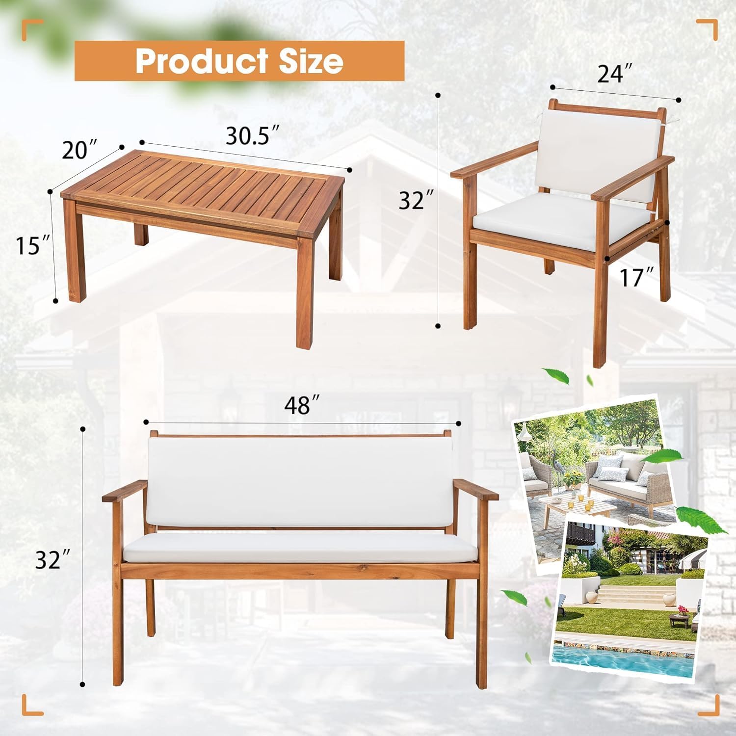 Devoko Patio Furniture 4 Piece Acacia Wood Outdoor Conversation Sofa Set with Table & Cushions Porch Chairs for Garden, Deck, Backyard, Natural