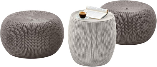 KETER Urban Knit Pouf Ottoman Set of 2 with Storage Table for Patio and Room Décor-Perfect for Balcony, Deck, and Outdoor Seating, Cream & Taupe