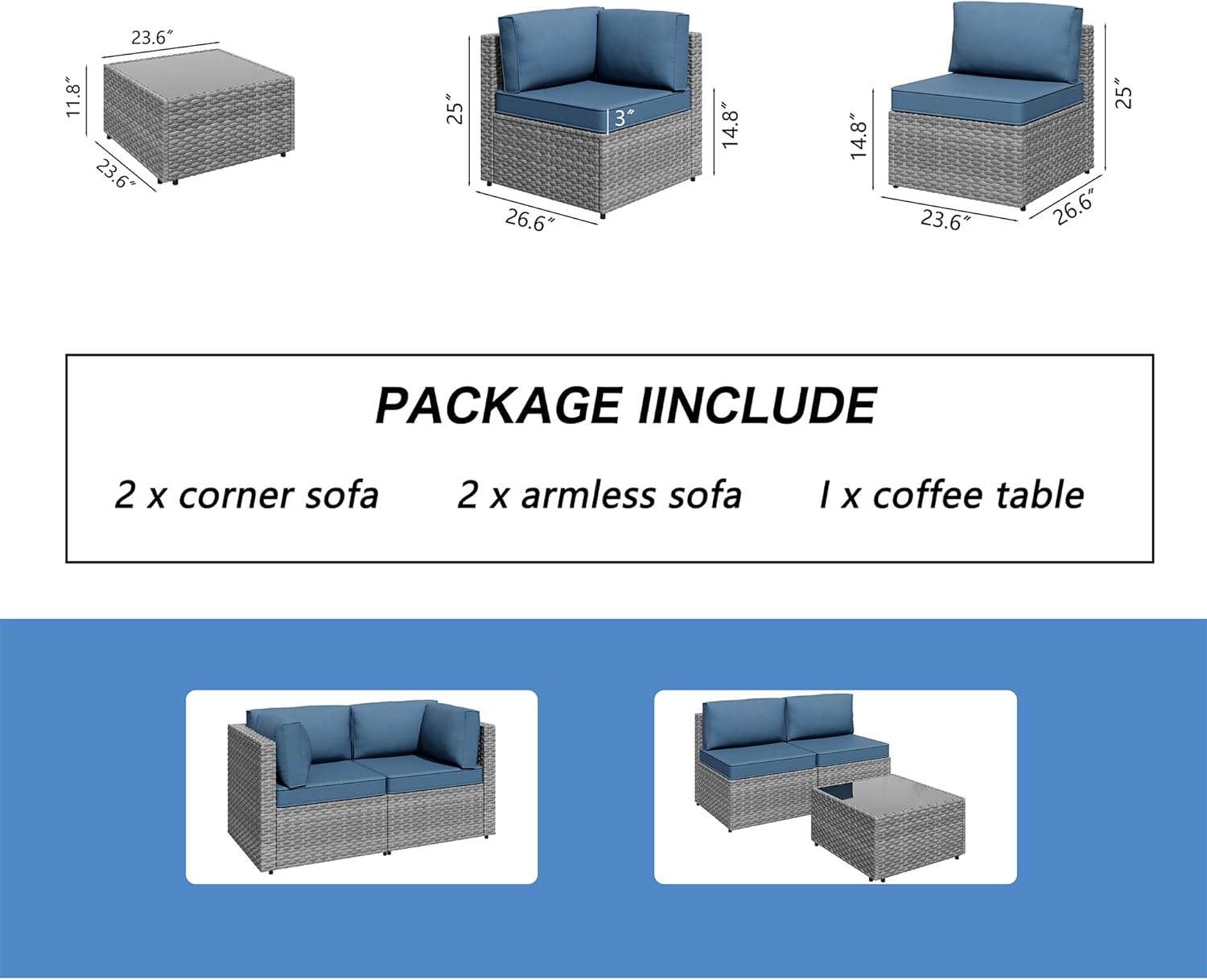 Shintenchi 5 Pieces Outdoor Patio Furniture Sets, Patio Sectional Sofa Couch, Gray PE Wicker Furniture Modular Patio Conversation Sets Patio Sofa with Washable Cushions & Table（Aegean Blue）