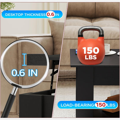 FDW 39.4" Lift Top Coffee Table with Hidden Compartment and Storage Shelf Wooden Lift Tabletop for Home Living Room Reception Room Office,Bark Black