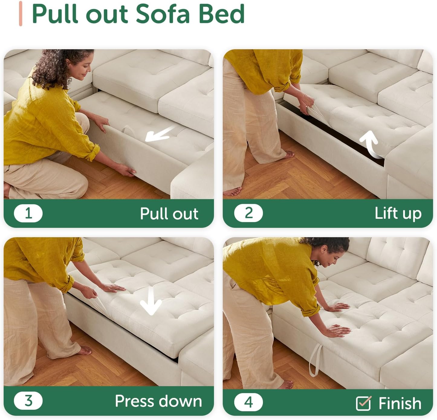 HONBAY Sectional Sleeper Sofa Pull Out Couch, U Shaped Sectional Couch with Storage Chaise, Sofa Bed for Living Room, Beige