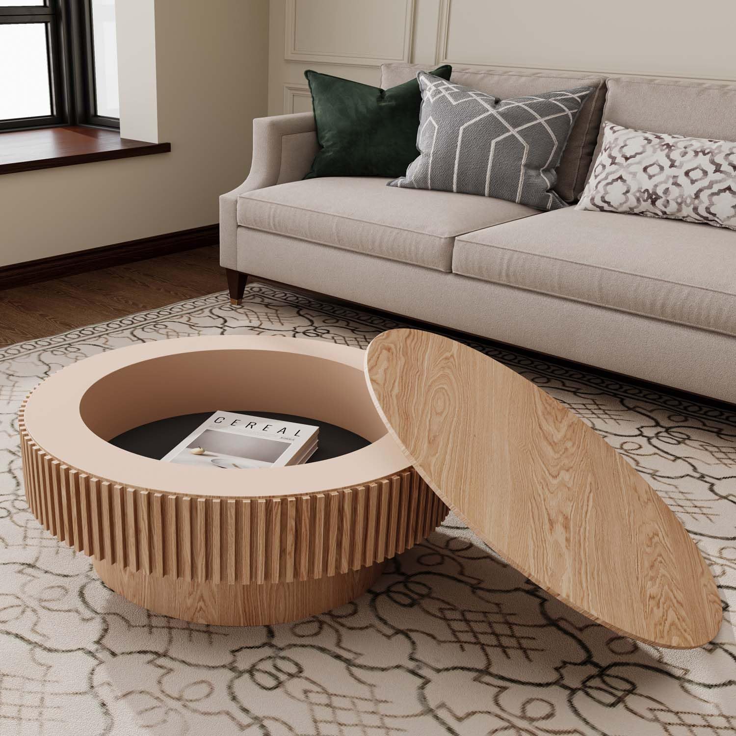Round Coffee Table with Storage, Modern Wooden Coffee Table with Solid Wood Veneered, Circle Center Table Accent Tea Table for Living Room Apartment Small Space (31.5''L × 31.5''W × 14''H, Natural)