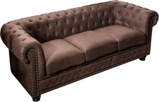 Riess Ambiente Chesterfield 3-Seater Sofa 200 cm Vintage Brown 3-Seater with Button Stitching and Spring Core Couch Three-Seater Couch