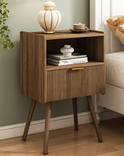 Nightstand,Modern Bedside Table with Storage Drawer and Open Wood Shelf, for Living Room, Bedroom and Small Spaces, Accent Night Stand with Solid Wood Legs, Easy Assembly,Walnut Brown