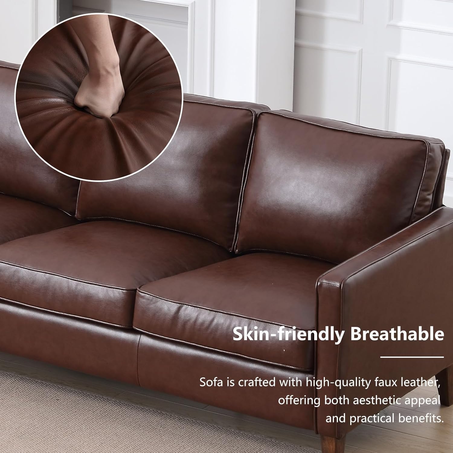 EBELLO 77” Mid Century Modern Sofa Couch, 3 Seater Faux Leather Couches for Living Room, Soft Padded Comfy Cushion, Small Sofa for Small Spaces, Bedroom, Apartment, Dark Brown