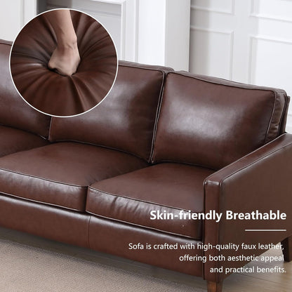 EBELLO 77” Mid Century Modern Sofa Couch, 3 Seater Faux Leather Couches for Living Room, Soft Padded Comfy Cushion, Small Sofa for Small Spaces, Bedroom, Apartment, Dark Brown
