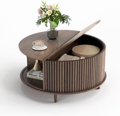 Round Coffee Table with Storage,Mid Century Modern Circle Coffee Table for Living Room,31.5" Small Fluted Center Table with Sliding Door,Home Small Space, Walnut