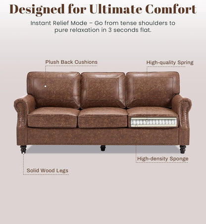 WILLOVE 79'' Faux Leather Sofas for Living Room, Mid Century Modern Couches with Rolled Arm & Nailhead Trim for Small Space, Apartment, Dark Brown