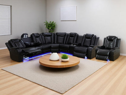 Power Recliner Sectional Sofa Set,Living Room Furniture Sets,Black Leather Sectional Reclining Couch Power Reclining Sofa with LED Light/Storage Console for Living Room