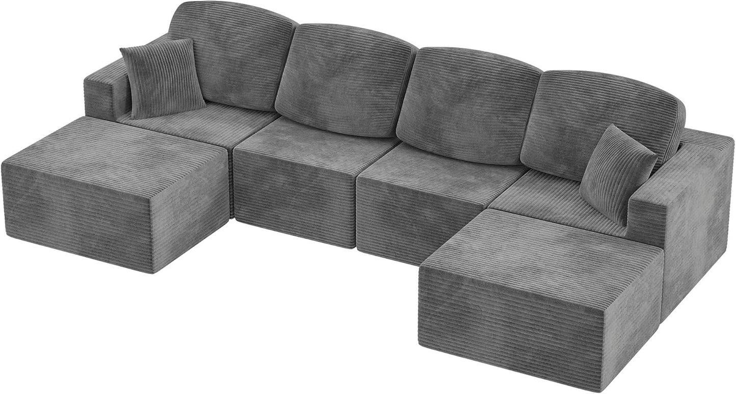Homall 126" Modern Fabric Boneless Couch with Deep Seat, Sectional Couches for Living Room, Upholstered Cloud Sofa with 2 Ottoman, No Assembly Required (Dark Grey, U Shaped Sofa)