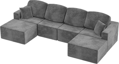 Homall 126" Modern Fabric Boneless Couch with Deep Seat, Sectional Couches for Living Room, Upholstered Cloud Sofa with 2 Ottoman, No Assembly Required (Dark Grey, U Shaped Sofa)