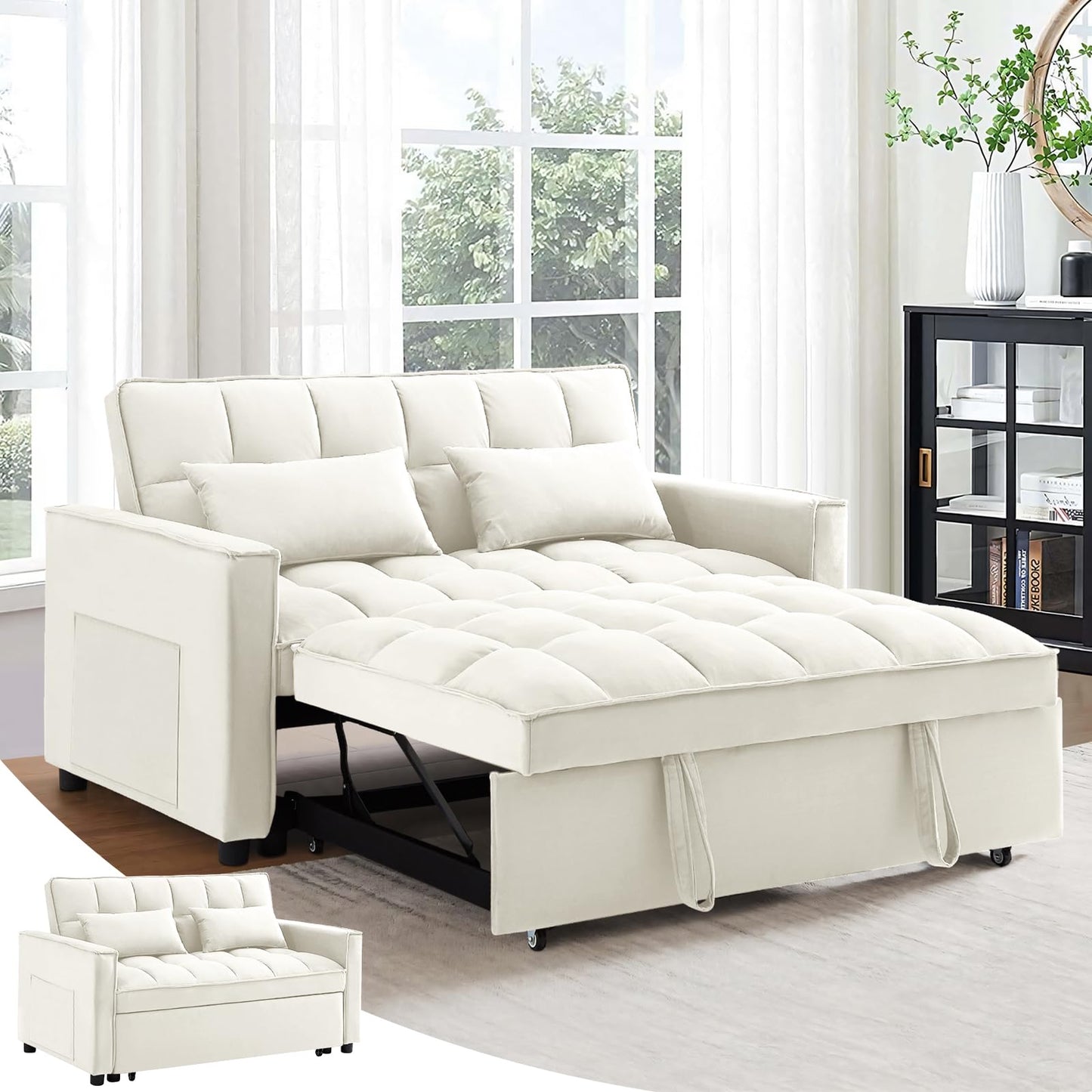 Antetek 3 in 1 Convertible Sleeper Sofa Bed, Modern Velvet Loveseat Futon Couch w/Pullout Bed, Small Love Seat Lounge Sofa w/Reclining Backrest, Toss Pillows, Pockets, Furniture for Living Room, Grey