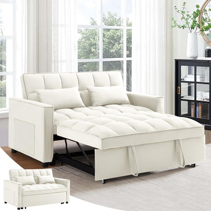 Antetek 3 in 1 Convertible Sleeper Sofa Bed, Modern Velvet Loveseat Futon Couch w/Pullout Bed, Small Love Seat Lounge Sofa w/Reclining Backrest, Toss Pillows, Pockets, Furniture for Living Room, Grey