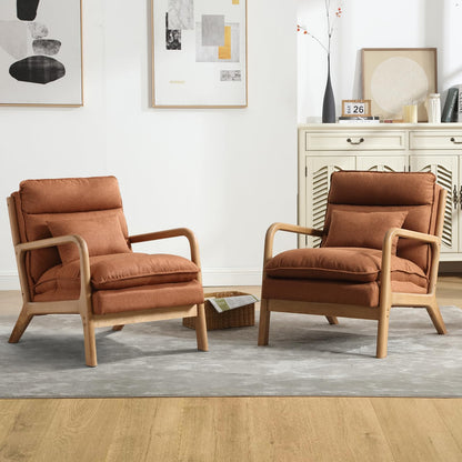 INZOY Mid Century Modern Accent Chair with Wood Frame, Upholstered Living Room Chairs with Waist Cushion, Reading Armchair for Bedroom Sunroom (Beige)