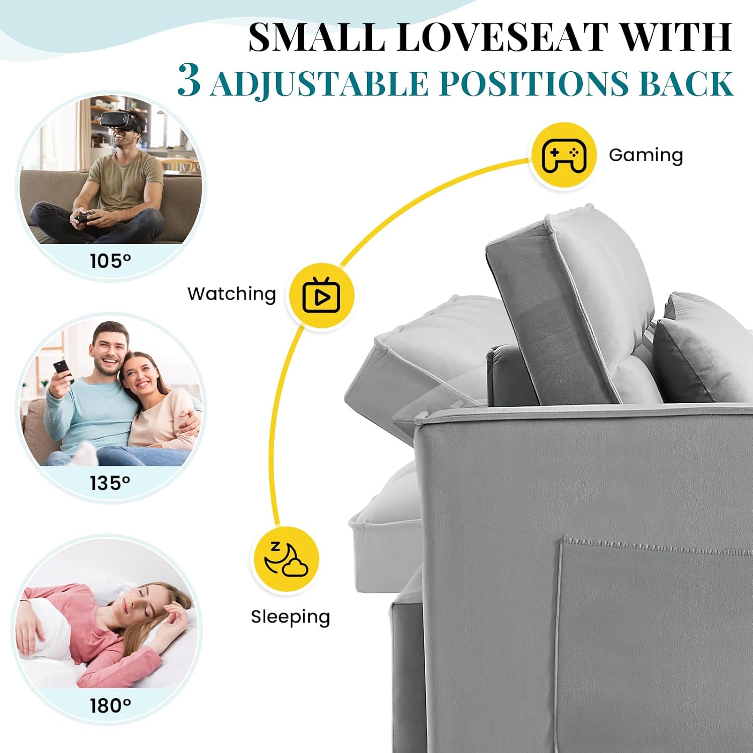 Antetek 3 in 1 Convertible Sleeper Sofa Bed, Modern Velvet Loveseat Futon Couch w/Pullout Bed, Small Love Seat Lounge Sofa w/Reclining Backrest, Toss Pillows, Pockets, Furniture for Living Room, Grey