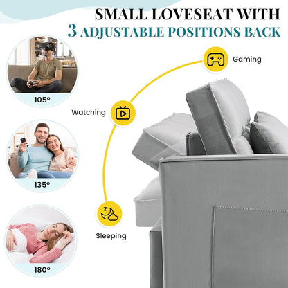 Antetek 3 in 1 Convertible Sleeper Sofa Bed, Modern Velvet Loveseat Futon Couch w/Pullout Bed, Small Love Seat Lounge Sofa w/Reclining Backrest, Toss Pillows, Pockets, Furniture for Living Room, Grey