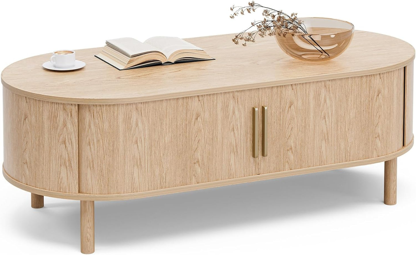 Coffee Table for Living Room, Modern Oval Coffee Table with Cabinets & Sliding Doors, Home Small Space, 29.9" Fluted Center Table, Natual