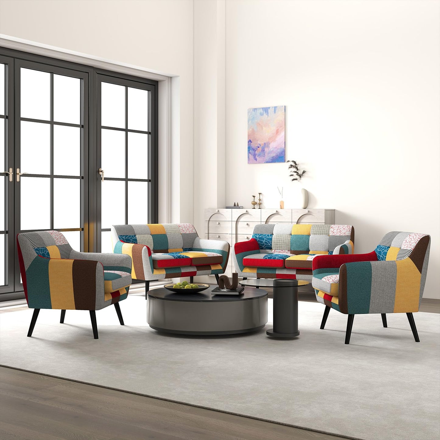 Bonzy Home Modern Oversized Accent Chair for Living Room, Colorful Boho Linen Fabric Upholstered Armchair with Wood Legs, Single