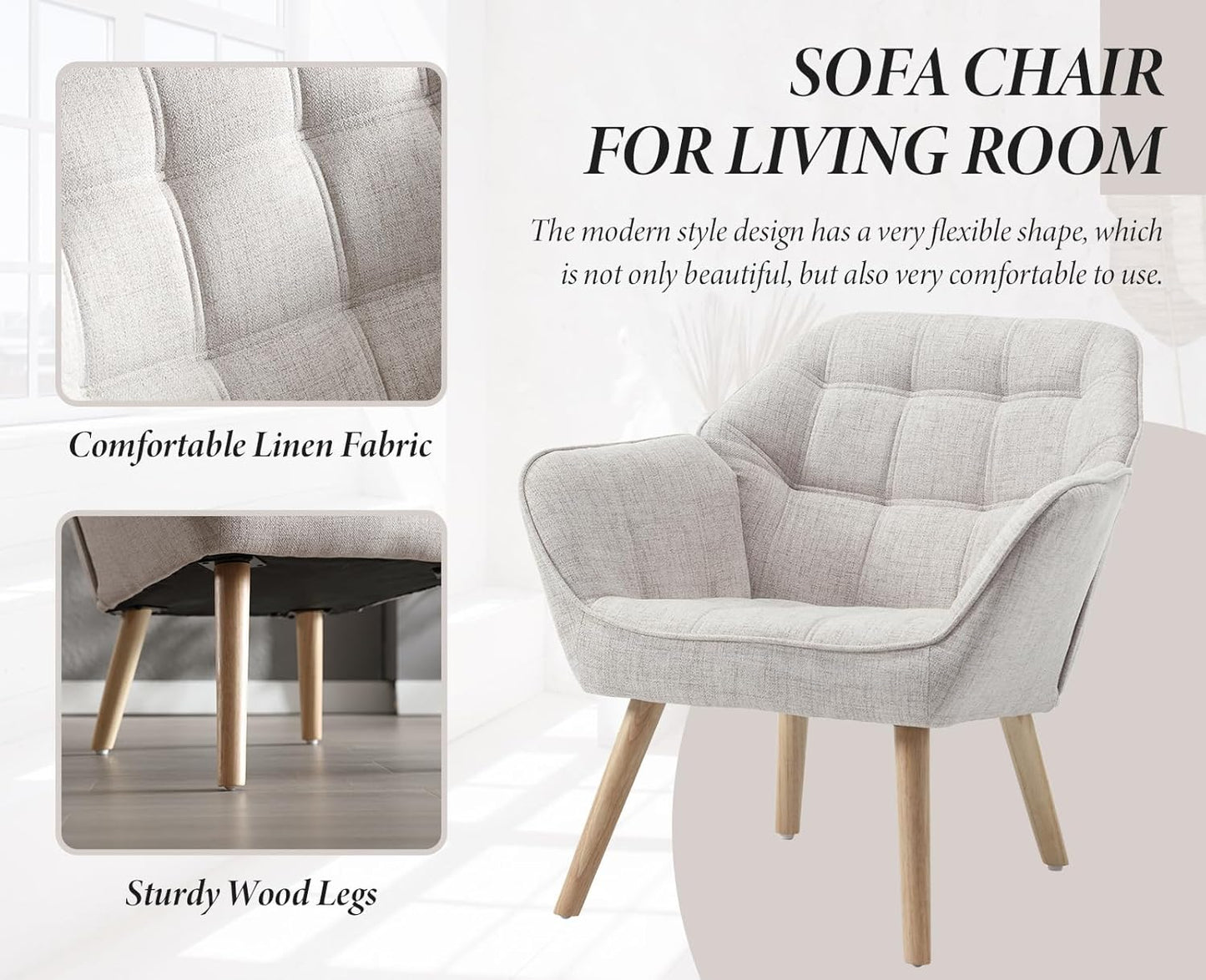 Accent Chair Armchair, Padded Armrest Chair, Reading Chair with Wooden Legs Made of Linen, Reading Chair, Single Sofa, TV Chair for Living Room, Bedroom, Lounges, Beige