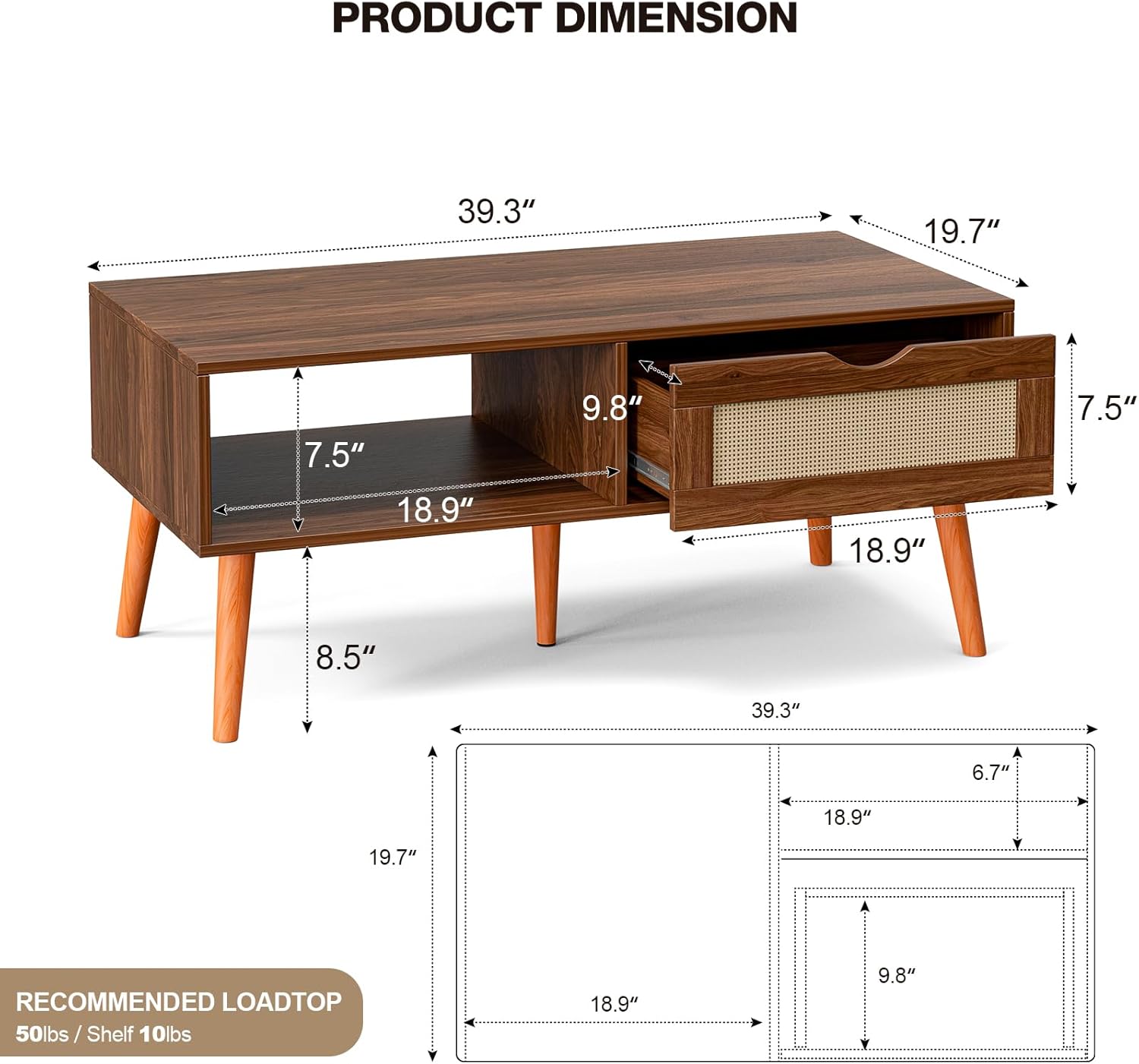 Coffee Table with Storage, Boho Dining Table with Rattan Drawer and Solid Wood Legs, Small Coffee Tables for Living Room, Walnut