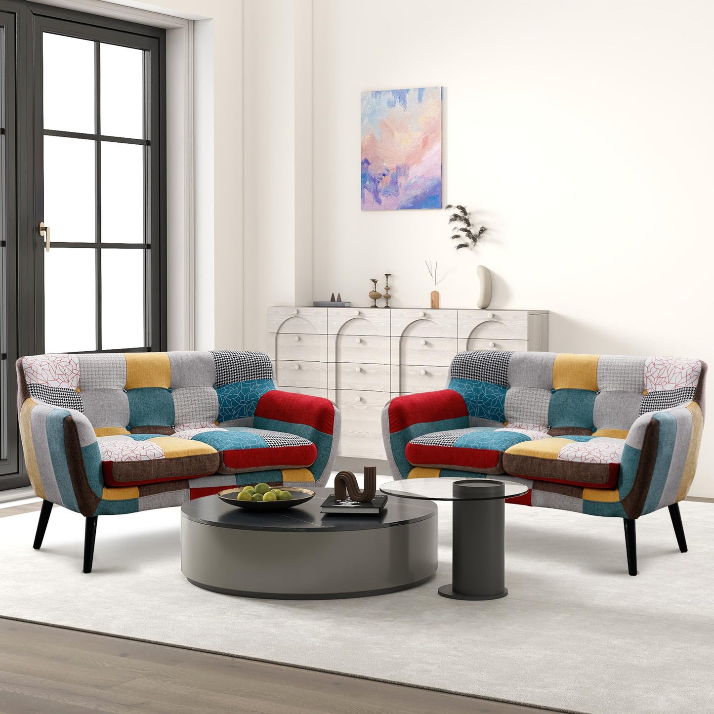 Bonzy Home Modern Oversized Accent Chair for Living Room, Colorful Boho Linen Fabric Upholstered Armchair with Wood Legs, Single